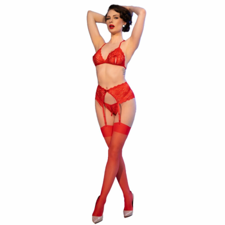 Chilirose CR4848 Red Lace Lingerie Set XL with Bra, Thong & Stockings