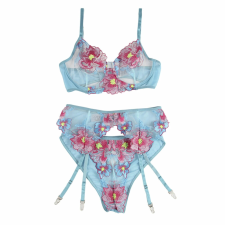 Subblime 954109 Blue Lingerie Set with Garter Belt, Floral S/M