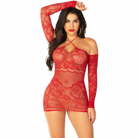 Leg Avenue Mesh Mini Dress Red Off-Shoulder Long Sleeve Model 5739