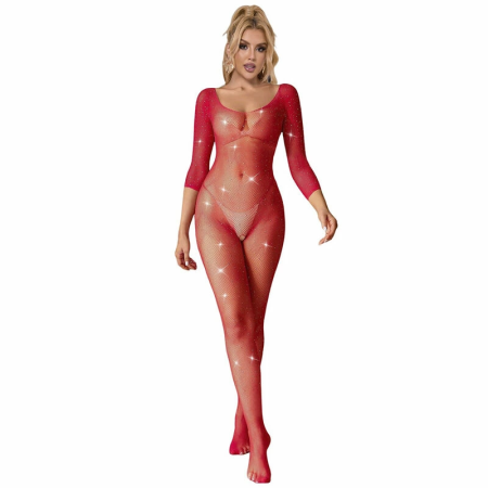 SUBBLIME 952419 Red Fishnet Bodystocking with Diamonds, Long Sleeve, One Size
