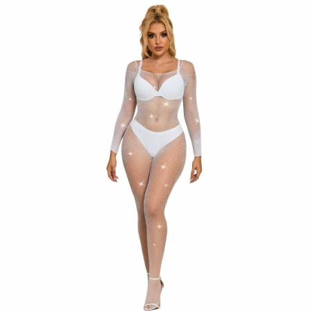 Subblime 952396 White Mesh Bodystocking with Rhinestone Accents One Size