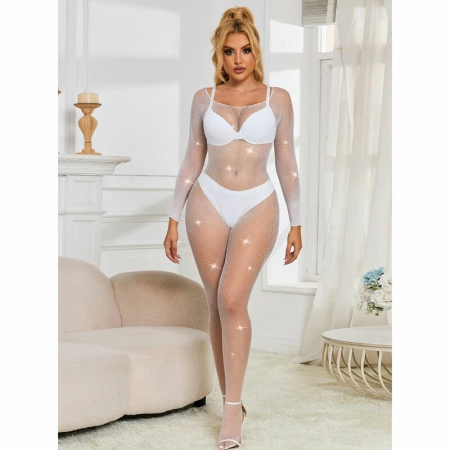 Subblime 952396 White Mesh Bodystocking with Rhinestone Accents One Size