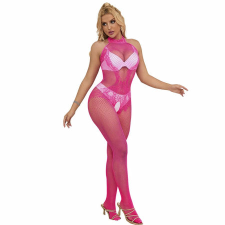 Subblime 952389 Pink Fishnet High Neck Lace Bodysuit One Size