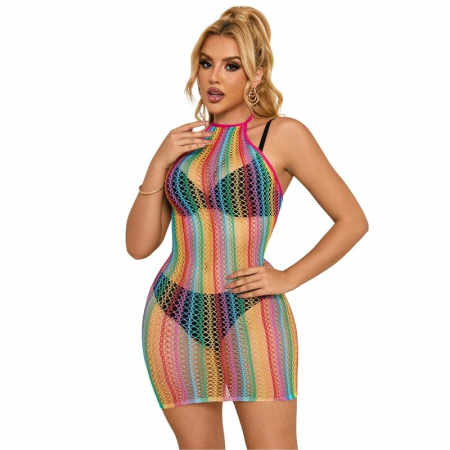 Subblime Rainbow Fishnet Dress One Size - Vibrant Multicolor Mesh