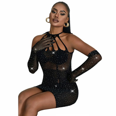 Subblime 952235 Black Fishnet Dress with Rhinestones, One Size