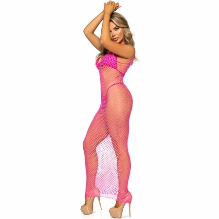 Leg Avenue Long Mesh Dress Fuchsia One Size - Open Back, Stretch Fit