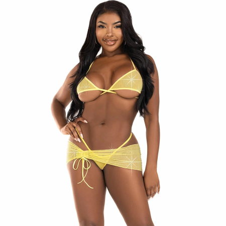 Leg Avenue Diamond Mesh Lingerie Set Yellow S/M - 3-Piece Elegant Design