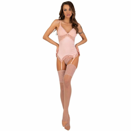 Livco Corsetti Persinne Peach 3-Piece Lace Corset Set with Stockings S/M