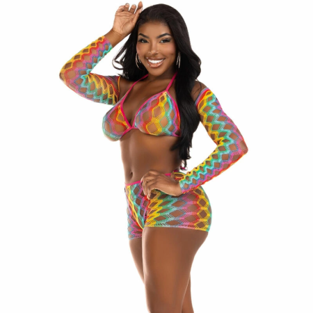 Leg Avenue Three-Piece Set Rainbow Mesh - Top, Bolero & Shorts, One Size