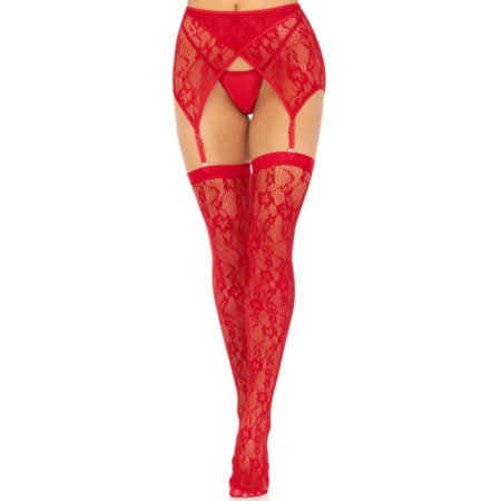 Leg Avenue Lace Thigh-Highs & Garter Belt Red-Black One Size