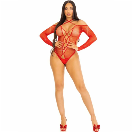 Leg Avenue Bodysuit Red Gloss Rhinestone Fishnet One Size