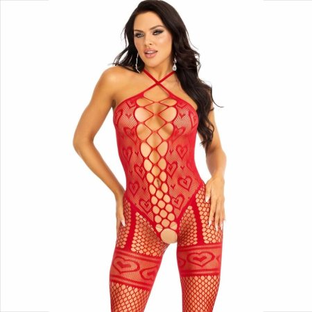 Leg Avenue Bodystocking Halter Neck Red Hearts Pattern Red One Size