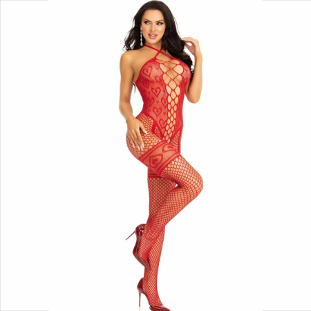 Leg Avenue Bodystocking Halter Neck Red Hearts Pattern Red One Size