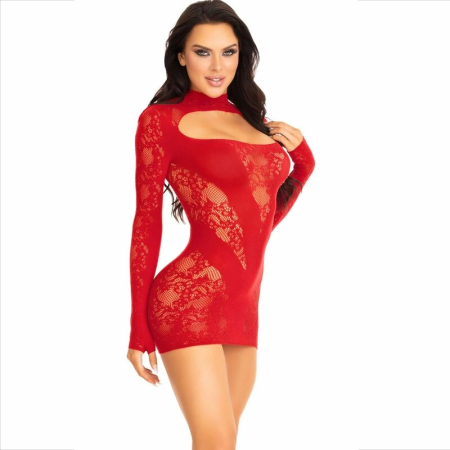Leg Avenue Mini Dress Red - Lace Long Sleeve, One Size