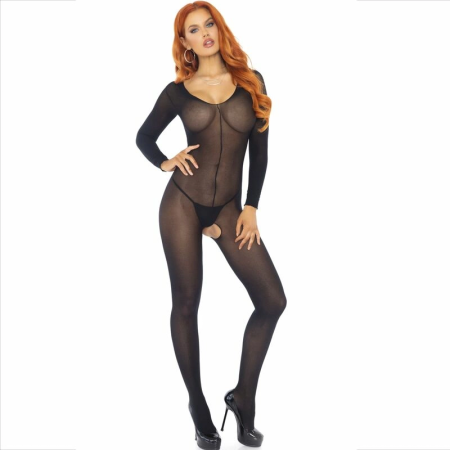 Leg Avenue Bodystocking Long Sleeve Black One Size Nylon