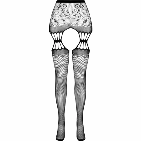PASSION S027 Black Decorative Garter-Style Tights One Size