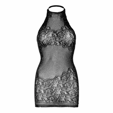 Leg Avenue Rhinestone Halter Mini Dress Black One Size - Floral Lace Design