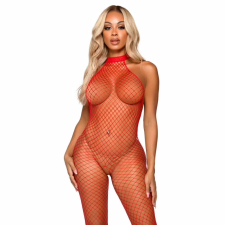 Leg Avenue Bodystocking Racer Neck Industrial Net Red One Size