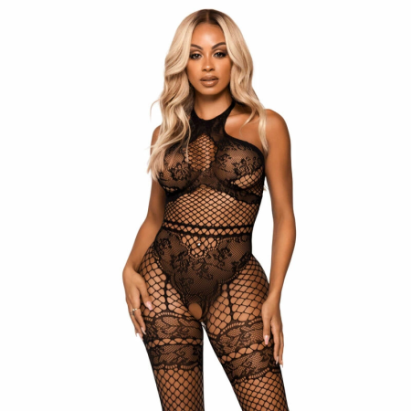 Leg Avenue Bodystocking Black One Size - Industrial Net & Lace Detail