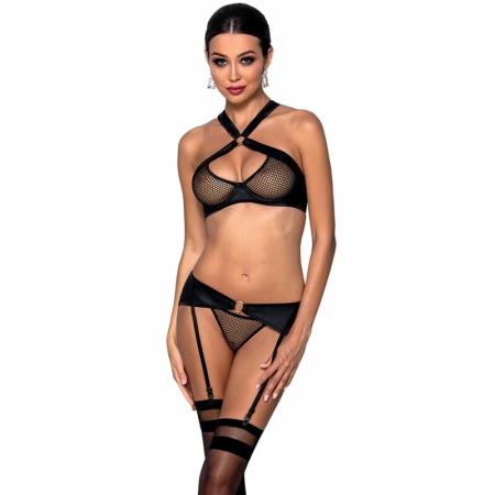 Passion Amanda S/M - Eco Leather Lingerie Set with Gold Accents