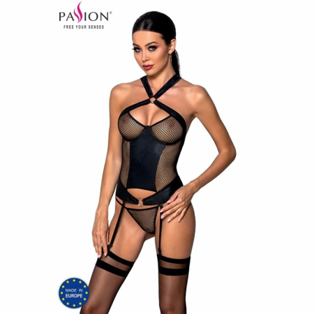 Passion Amanda S/M Ecological Leather Corset with Mesh and Gold Details