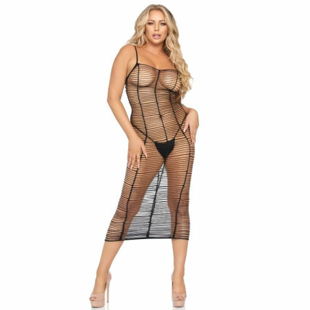 Leg Avenue Maxi Dress Horizontal Net Design One Size - Black Nylon Blend