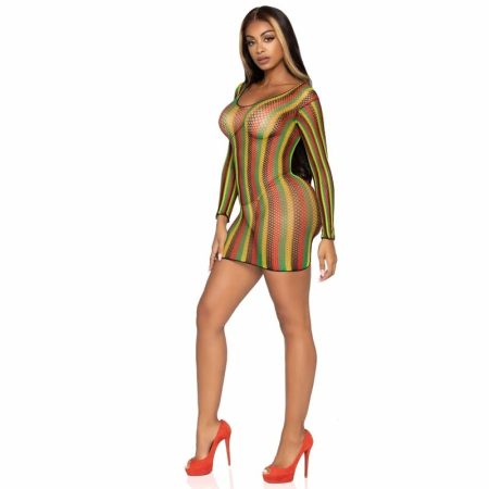 Leg Avenue Rasta Net Mini Dress One Size - Vibrant Long Sleeve Design