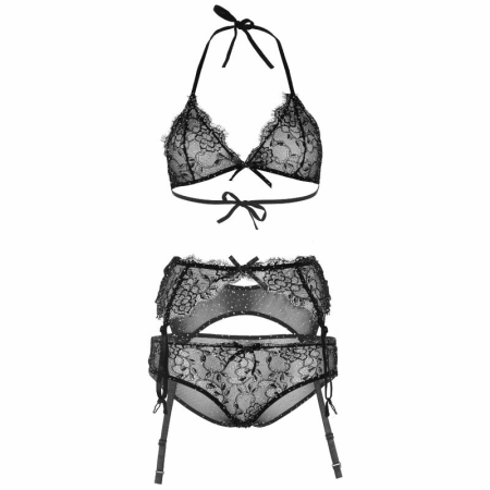 Leg Avenue Elegant Three-Piece Black Lace Set M - Bra, Panty, Garter Belt