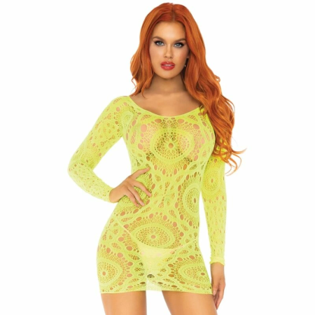 Leg Avenue Neon Crochet Lace Mini Dress, Long Sleeve, One Size