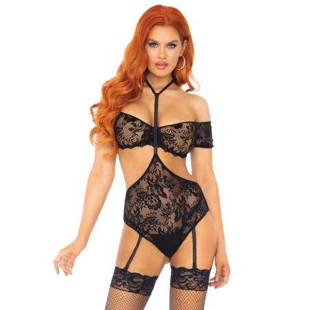 Leg Avenue Two-Piece Lace Set Black M/L - Elegant Bandeau Top & Garter Teddy