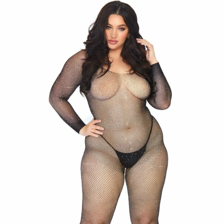 Leg Avenue Bodystocking Black 1X-2X Seamless Fishnet with Crystals