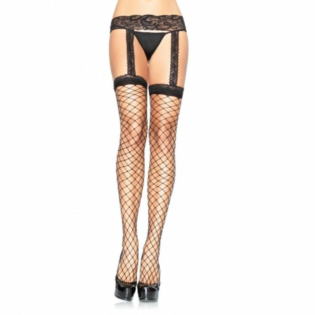 Leg Avenue Fishnet Stockings with Black Lace Garter, One Size