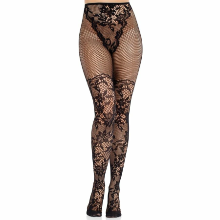 Leg Avenue Dahlia Lace Thigh Stockings with Net Detail Black One Size