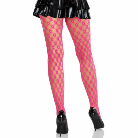 Leg Avenue Lace Tights Neon Pink - Eyelet Fishnet, Stretch Fit
