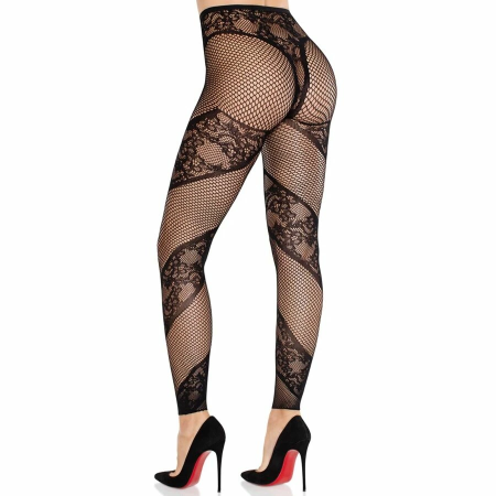 Leg Avenue Lace & Sheer Footless Tights Black - Elegant Pattern, Size Universal