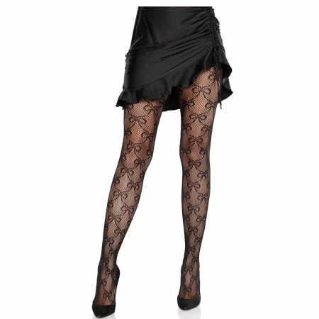 Leg Avenue Fishnet Tights with Decorative Bow Black - Flexible Fit