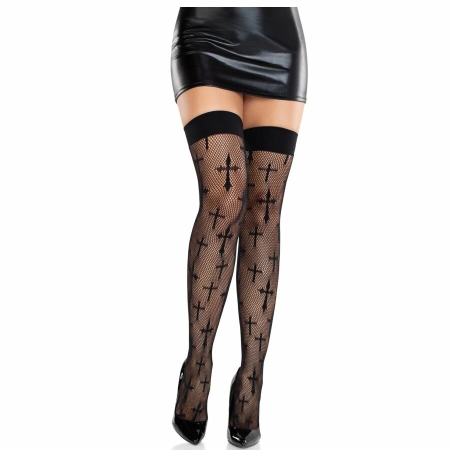 Leg Avenue Worship Me Lace Thigh Highs Black - Fishnet Gothic Style