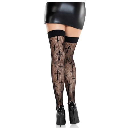 Leg Avenue Worship Me Lace Thigh Highs Black - Fishnet Gothic Style
