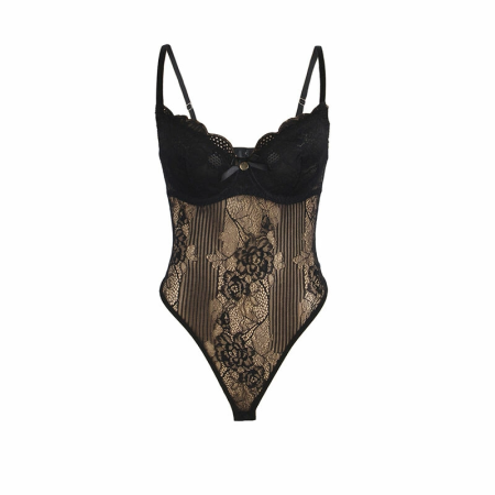 SUBBLIME 955618 Black Lace Bodysuit S/M with Adjustable Bottom Closure