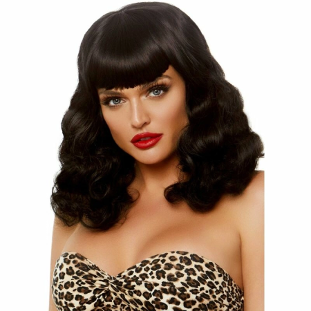 Leg Avenue Curly Retro Wig with Bangs UV-Active Black Adjustable