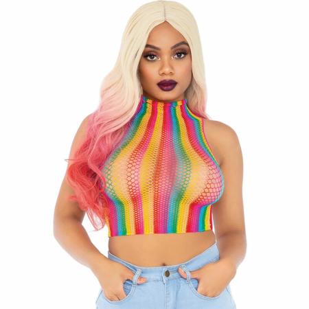 Leg Avenue Rainbow Net Crop Top Multicolor - Stretch Festival Fashion