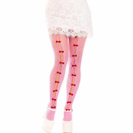 Leg Avenue Sweetheart Net Tights Heart Cutouts & Pink Bows One Size