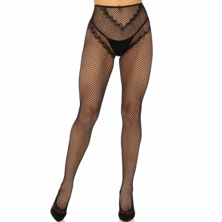 Leg Avenue French Cut Fishnet Stockings Black-Red, Heart Backseam, One Size