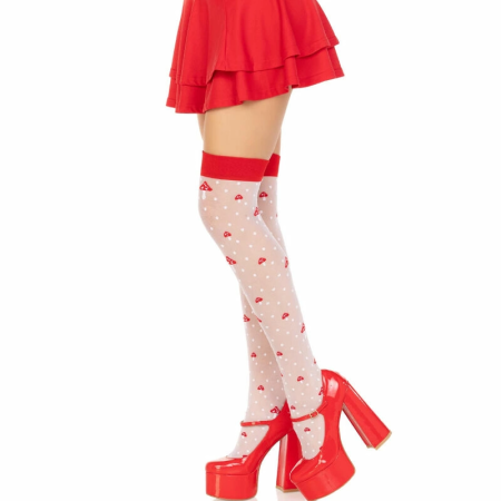 Leg Avenue Mushroom High Socks Red/White - Sheer Thigh-High Polka Dot Design