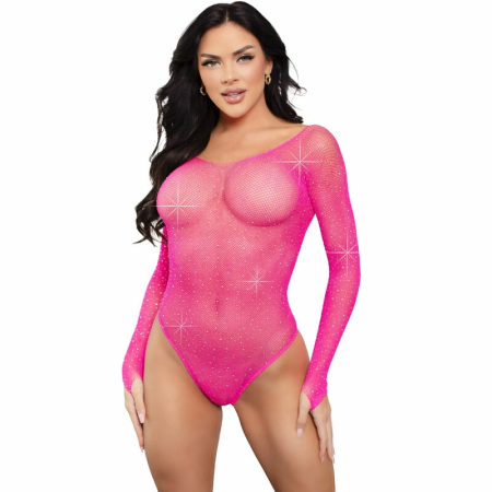 Leg Avenue Crystalized Bodysuit Fuchsia Mesh Long Sleeve One Size