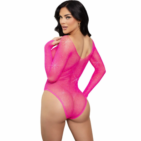 Leg Avenue Crystalized Bodysuit Fuchsia Mesh Long Sleeve One Size