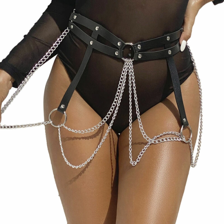 Subblime Black Leather Chain Belt - Adjustable with Metal Rings, One Size