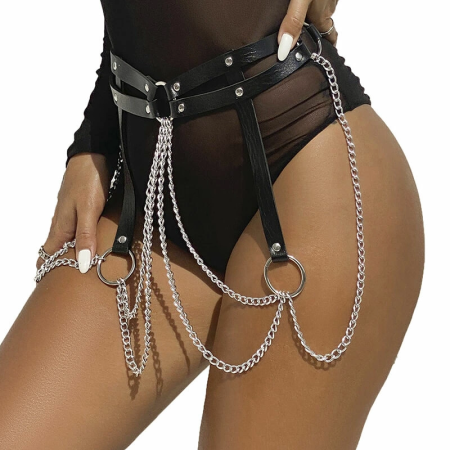 Subblime Black Leather Chain Belt - Adjustable with Metal Rings, One Size