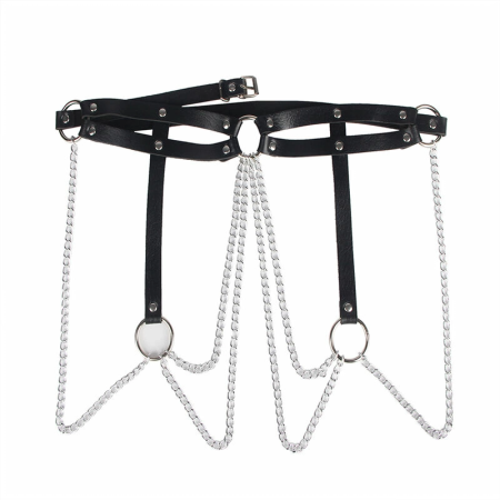 Subblime Black Leather Chain Belt - Adjustable with Metal Rings, One Size
