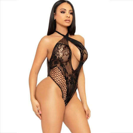 Leg Avenue Halter Teddy with Lace and Net Design Black One Size